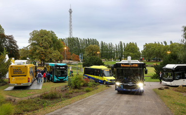 Verschiedene Busse stehen im Sommergarten der Messe Berlin