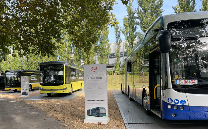 Buses parking in Sommergarten at Messe Berlin